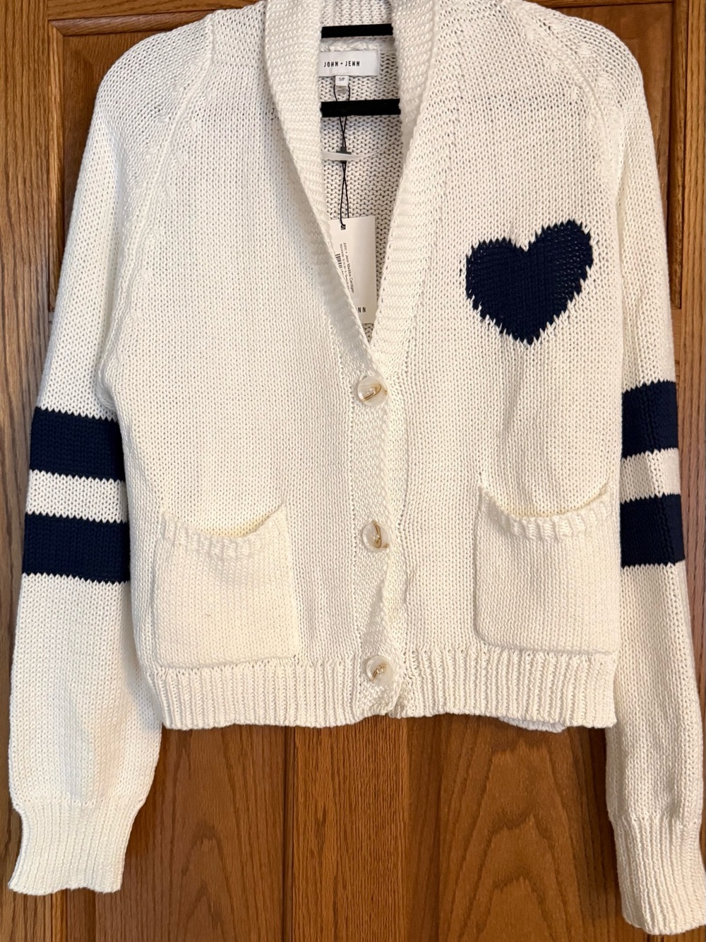 Frame Denim Cream Cardigan with Navy Heart & Sleeve Stripes